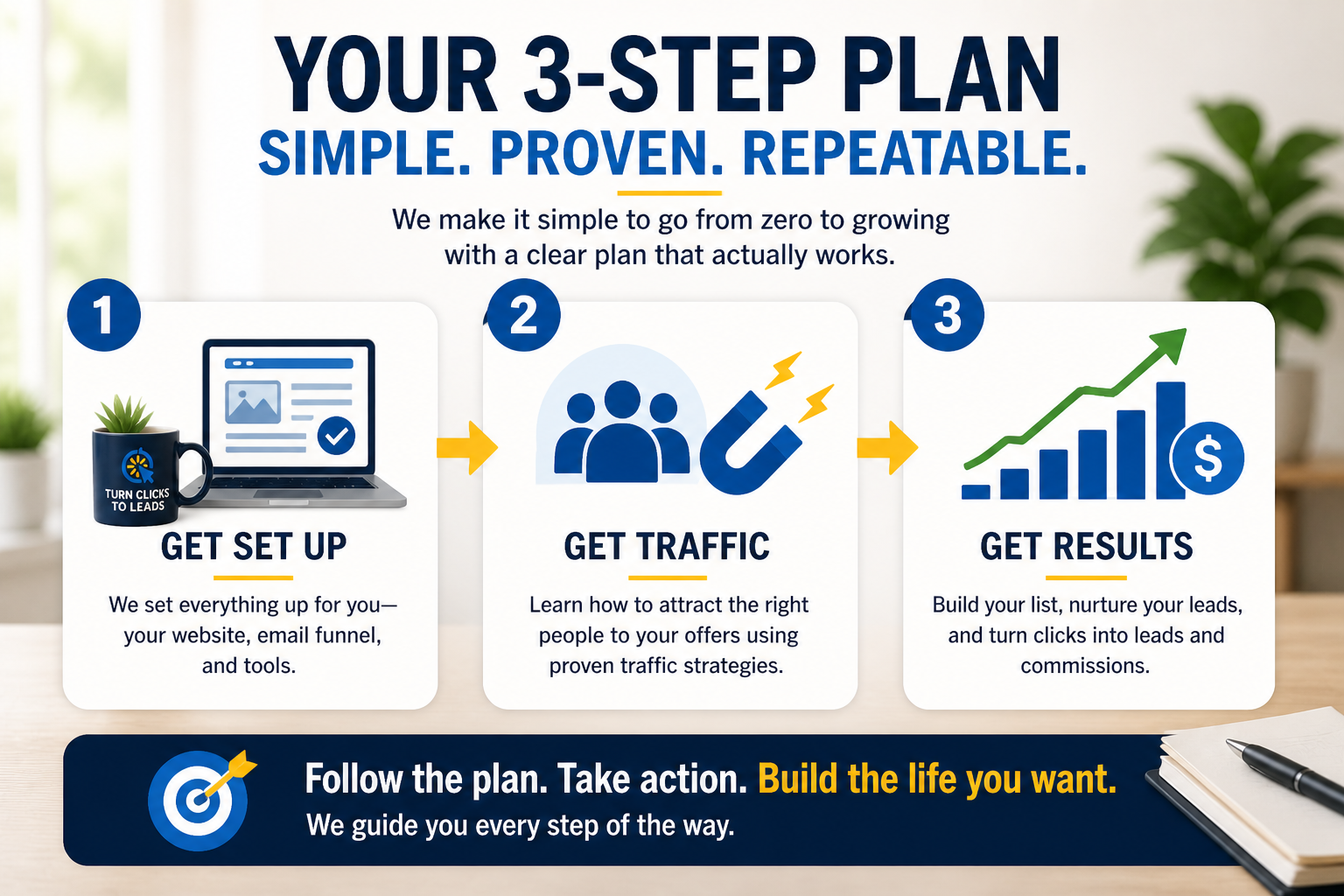 Simple three step affiliate marketing plan get set up build list grow income