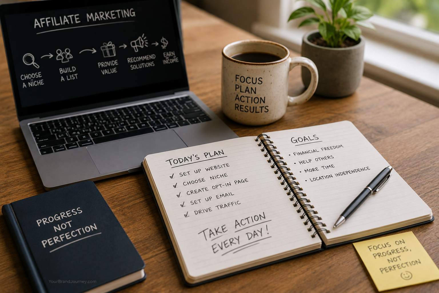 beginner affiliate marketing journey after 50 with laptop and notebook