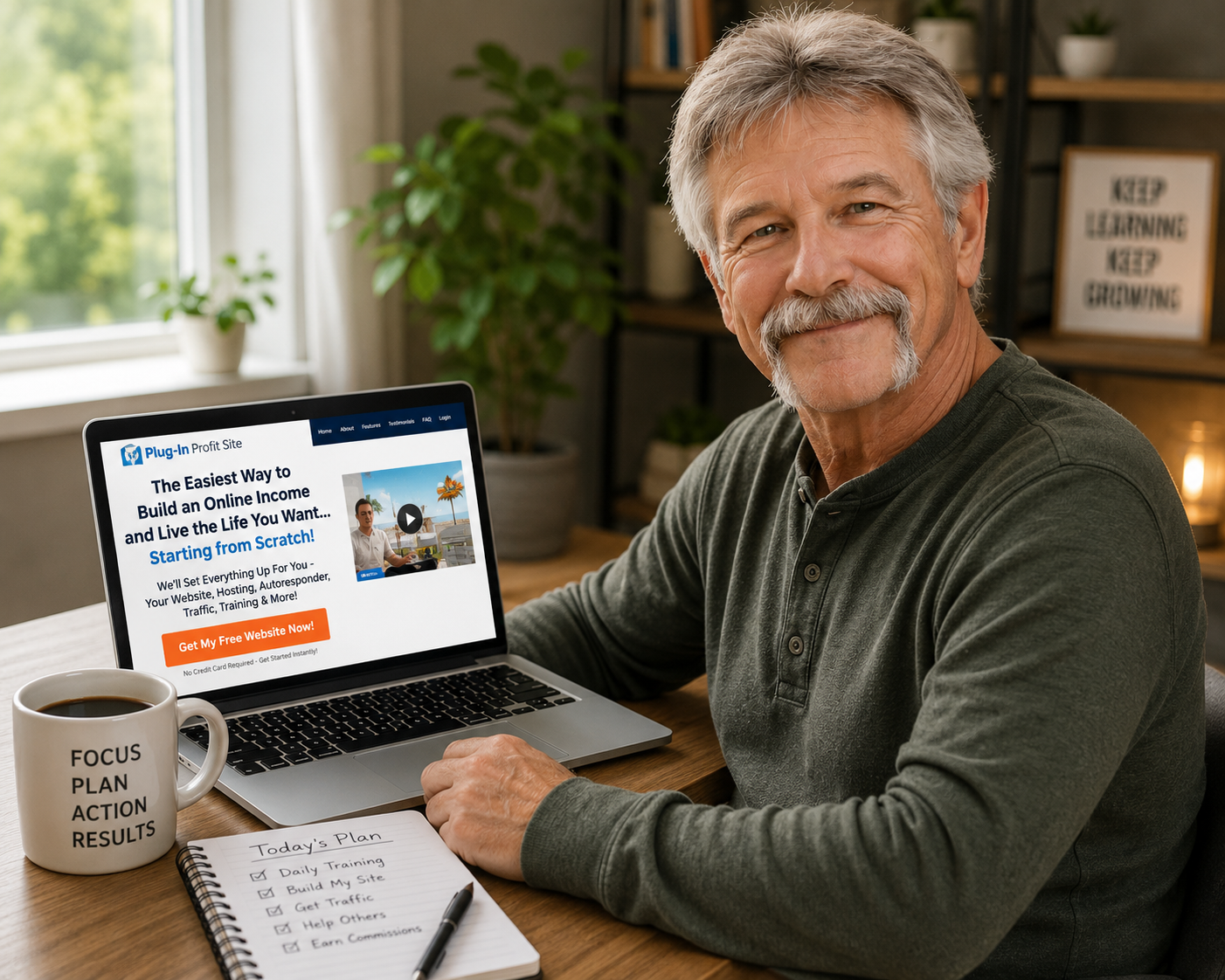 Older adult reviewing Plugin Profit Site affiliate marketing system